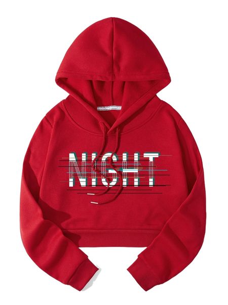 

letter graphic thermal lined crop drawstring hoodie a0vg#, Black