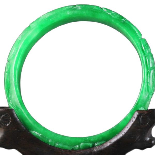 

old china green jadeite bangle intaglio flower design bracelet, Silver