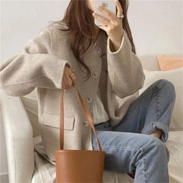 

autumn and winter women's jacket short round neck long sleeve simple coat 201215, Black