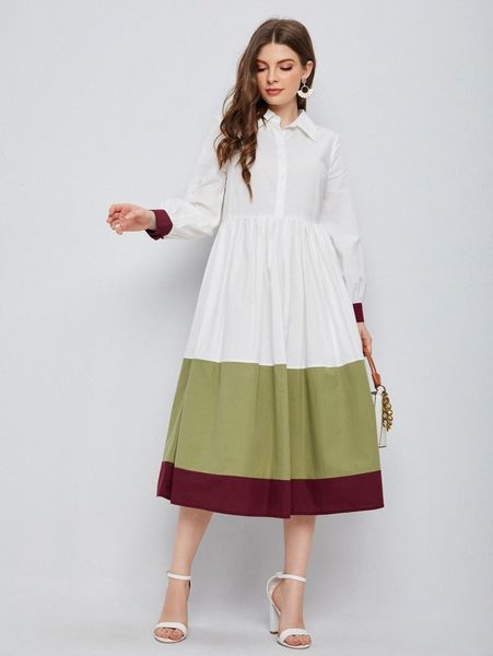 

bishop sleeve colorblock dress x4ge#, Black;gray