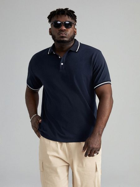 

extended sizes men contrast binding half button placket polo shirt l522#, White;black