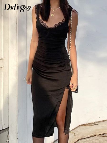 

chic elegant lace trim tank summer black dresses party fashion split sleeveless midi dress female slim sundress, Black;gray