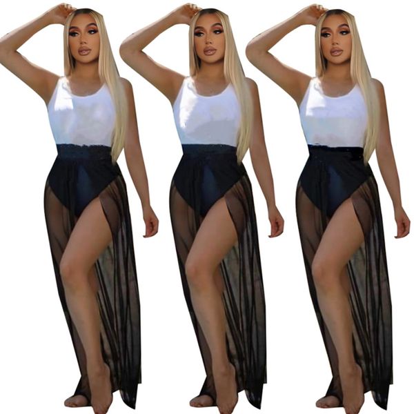 Neue schöne Damen-Kleid-Sets, Sommer, einteilige Badeanzüge + Netzrock, zweiteiliges Set, lässige Strandbadebekleidung + durchsichtige Kleider, passende Anzüge, 7500V