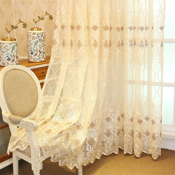 Cortina para a sala de estar Bordado de luxo Tulle Sheer Voile Fabric Golden Lace Bottom Baía Janela Cortina Tende 220511