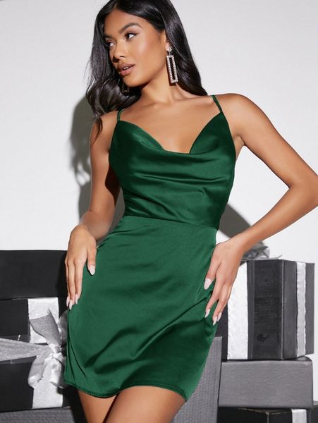 

draped collar lace up backless cami dress f3al#, Black;gray