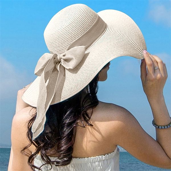 

summer women straw hat bowknot wide brim floppy panama hats female lady outdoor foldable beach sun cap 220524, Blue;gray