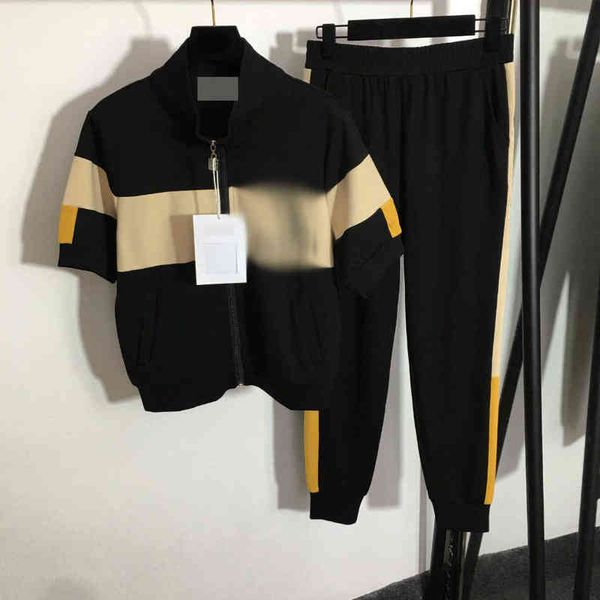 

parisian french style new suit chest embroidered letter stand collar short sleeve zipper jacket elastic waist casual pants, White