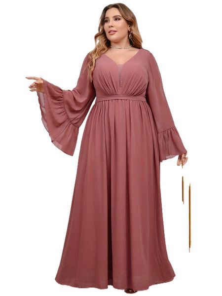 

plus contrast mesh flounce sleeve chiffon bridesmaid dress e51n#, Black