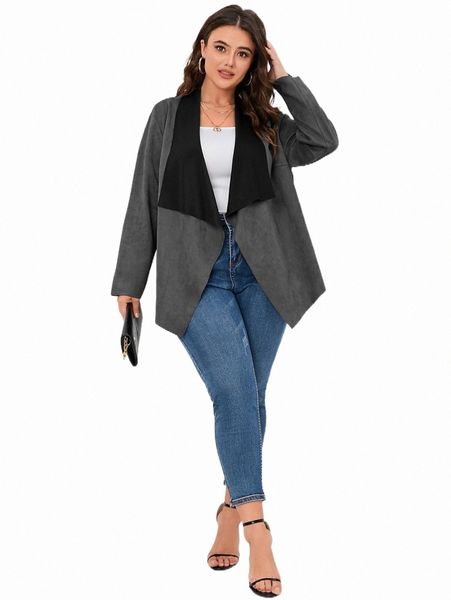 

plus two tone waterfall collar coat j87g#, Black