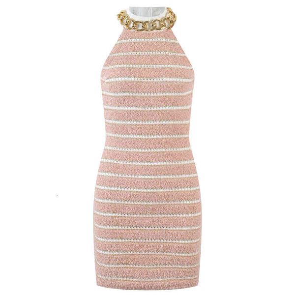

two piece dress metal chain halter dress summer striped knit temperament sleeveless high waist thin hip wrap skirt mf9y, White