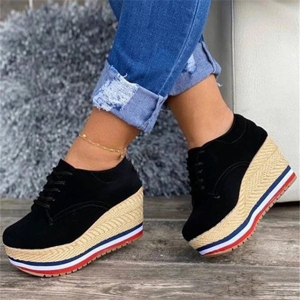 

vulcanize shoes women sneakers ladies solid color wedge thick shoes round toe lace-up comfortable platform sneakers fashion 220816, Black;white