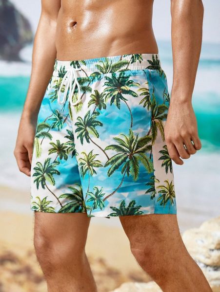 

men coconut tree print drawstring shorts 510p#, White;black