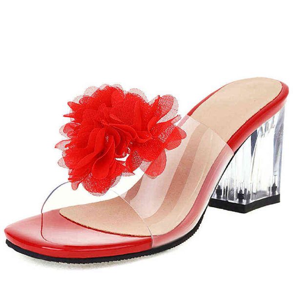 Sandallar Temiz Topuklu Kadınlar Stippers Tatlı Beslenmiş Yaz Ayakkabıları 2022 PVC Şeffaf Kadınlar Sarı Beyaz Parti Büyük Boyut 220427