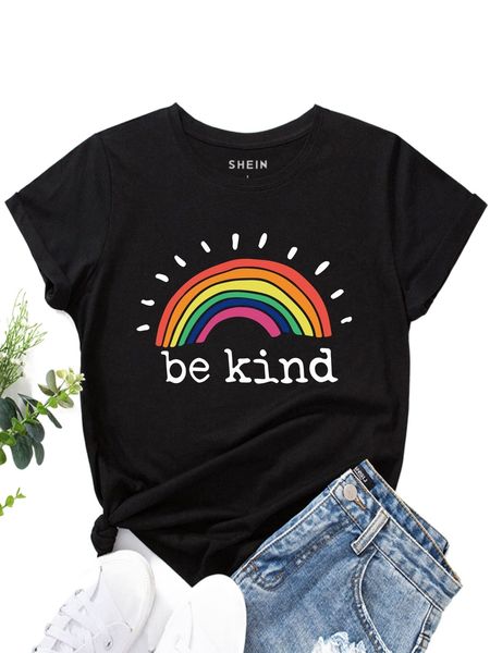 

rainbow and slogan graphic tee w43j#, White