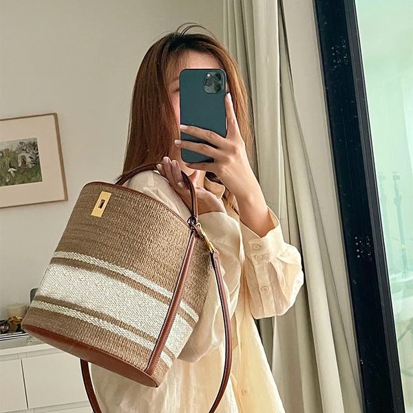 

ins fashion bucket tote bag braided straw shoulder bag ladies handbag