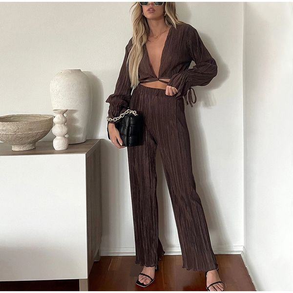 

women's two piece pants summer pleated deep v-neck women set vintage cropped lace up high waist suit female lady casual outfit, White