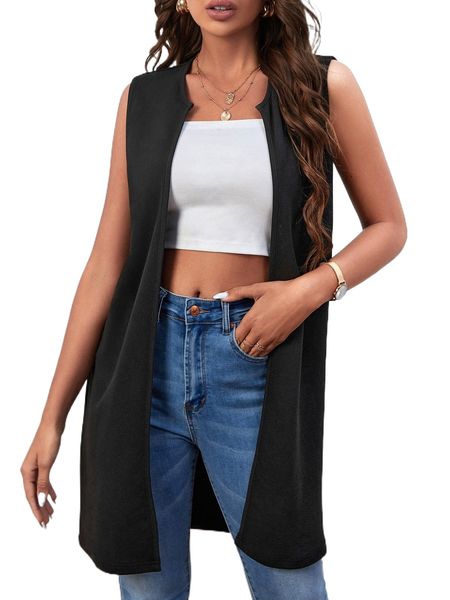 

solid sleeveless open front coat v4ag#, Black