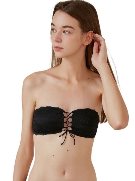 

floral lace knot front bandeau bra k6vl#, Black;red