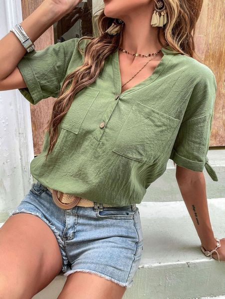 

dual pocket drop shoulder knotted cuff blouse y1ne#, White