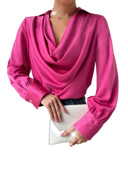 

solid draped neck blouse o5o6#, White