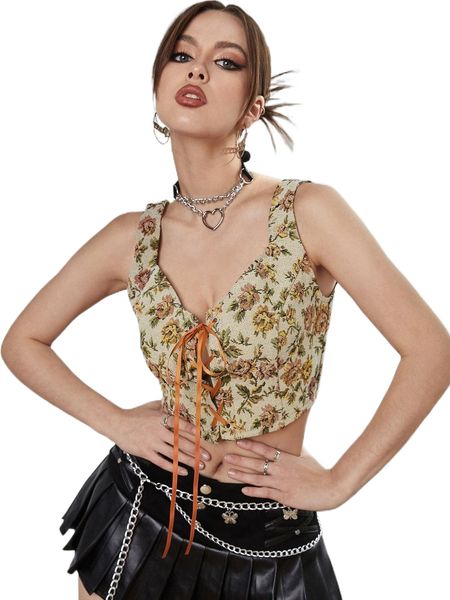 

floral print lace up front tank x4cx#, White