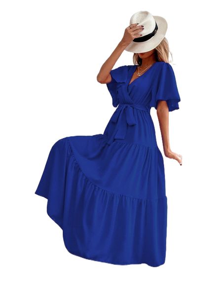 

surplice neck ruffle hem belted dress c33y#, Black;gray