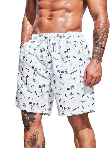

extended sizes men coconut tree & letter graphic drawstring waist swim trunks 89gc#, White;black