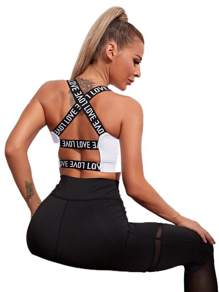 

light support criss-cross letter tape sports bra c94w#, Gray