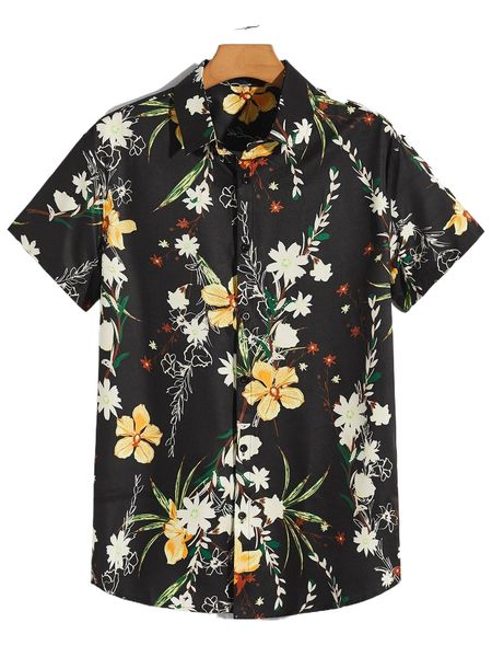 

romwe guys floral print shirt u2qt#, White;black