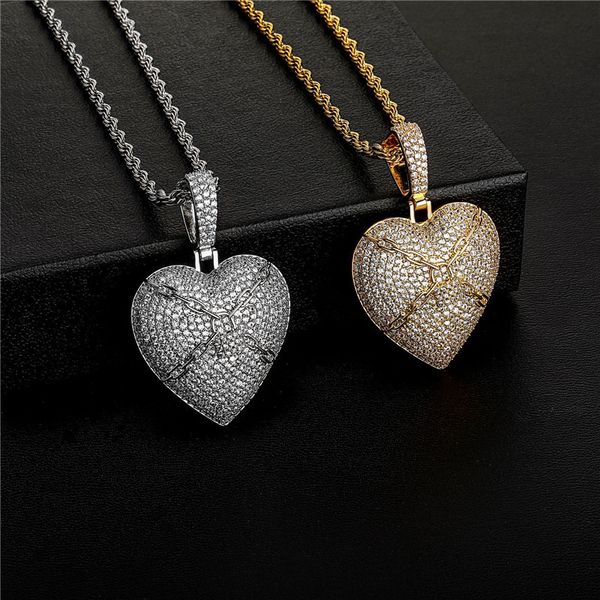 Collana con ciondolo a forma di cuore in zirconio pieno Hip Hop placcato oro argento con catena da tennis