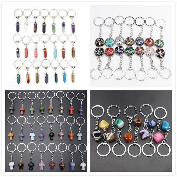 

hexagon prism reiki healing natural stone tree keychains chakra amethyst pink rose crystal key rings keyrings women men jewelry, Silver