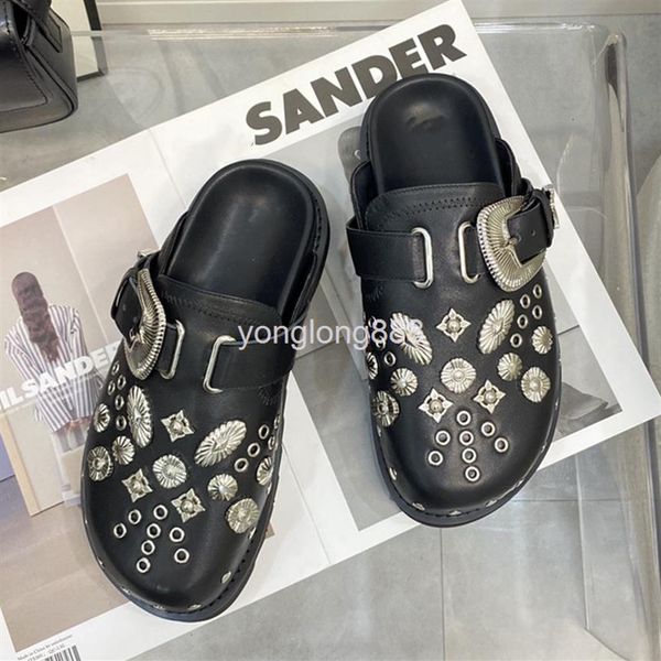 

slippers lla leather shoes with half metal buckle3041, Black