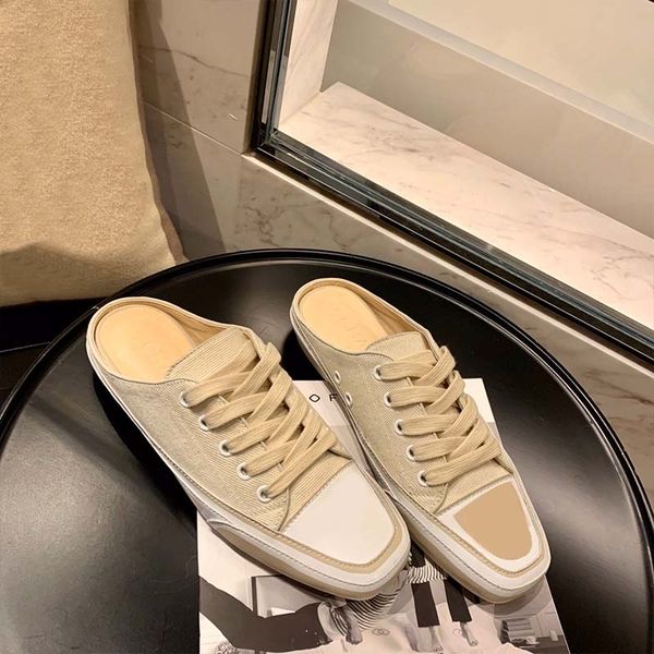 

casual shoes genuine leather canvas spliced breathable slipper shoe round toe lace-up nude flat comfortable rubber soled shoes fashion simpl, Black