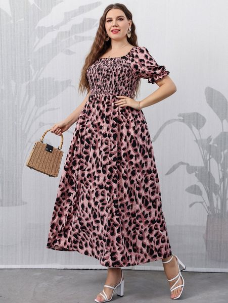 

plus leopard print shirred puff sleeve dress q5p0#, Black