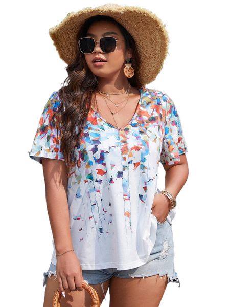 

plus graphic print v-neck tee h2sr#, Black