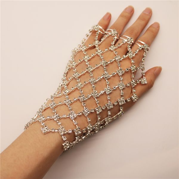 Sexy Mesh Hohl Strass Armband Boho Damen Glänzenden Kristall Ring Zurück Hand Kette Braut Hochzeit Mode Schmuck Zubehör