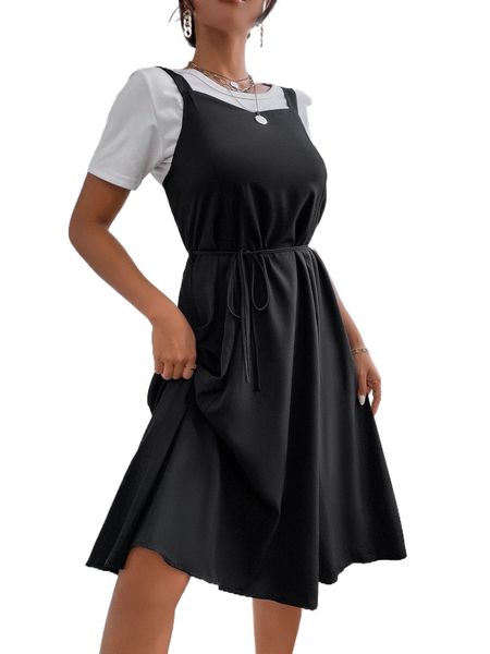 

petite sweetheart neck belted cami dress without tee h2od#, Black;gray