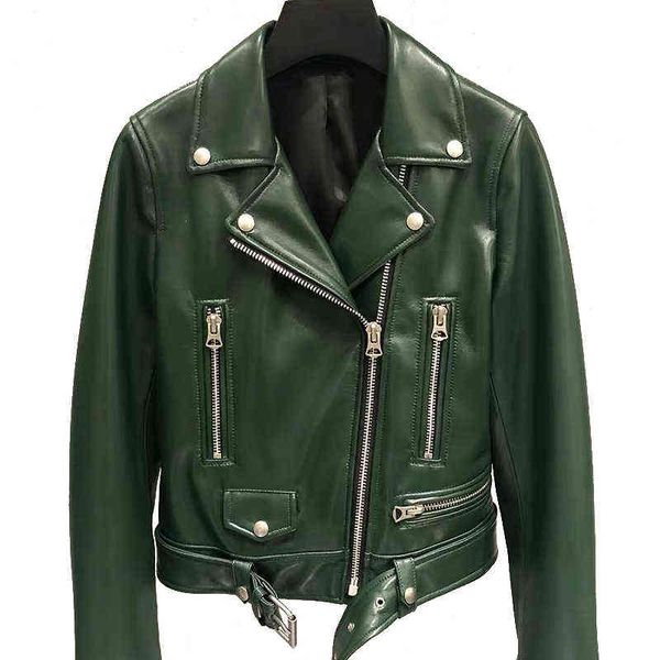 

genuine leather jacket women classic real lamb shkin overcoat autumn genuine sheepskin leather jackets female with belt j220727, Black