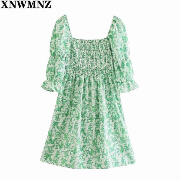 

xnwmnz women green square collar mini dress summer elegant short sleeve fashion elastic waist slim dresses printed casual robe 210513, Black;gray