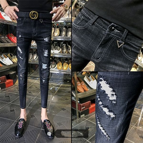 primavera autunno skinny strech Casual buco strappato moda nero adolescenti hip hop cowboy denim jeans gamba uomini pantaloni matita 201128