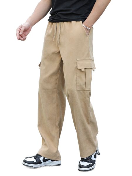 

men flap pocket drawstring cargo pants 24nl#, Black
