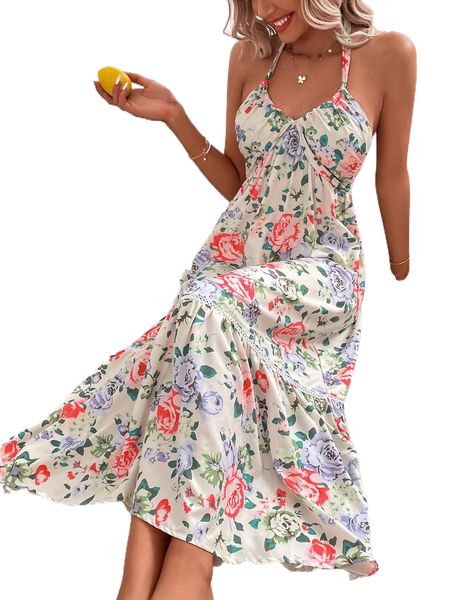 

floral print ruffle hem shirred tie backless halter dress y4is#, Black;gray