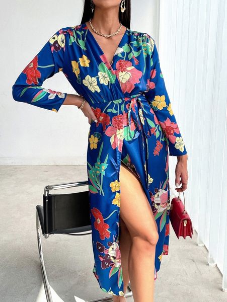 

floral print wrap knot side dress n8gj#, Black;gray