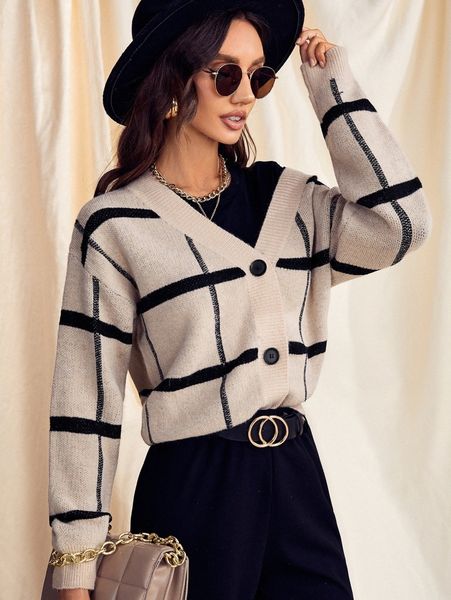 

drop shoulder plaid cardigan l4j0#, White;black