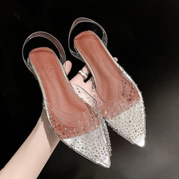 Sandali trasparenti da donna décolleté con tacco medio in cristallo con strass a punta scarpe da sposa da damigella d'onoresgb56Sandali