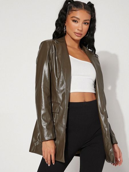 

lapel neck flap pocket pu leather blazer g4nz#, White