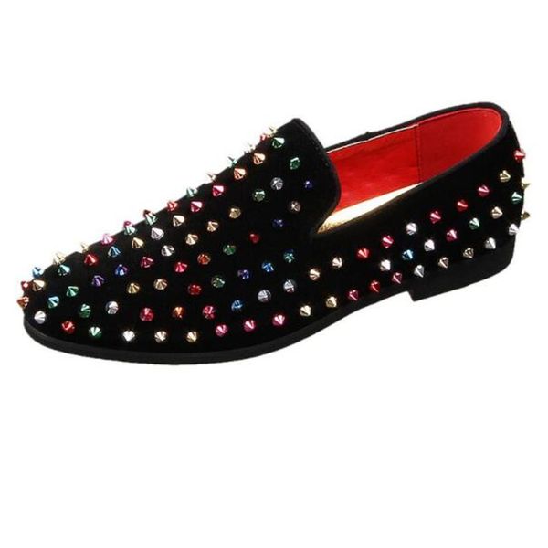 

rivet men handmade shoes genuine leather male dress loafers black pointed toe man flats, Red;white