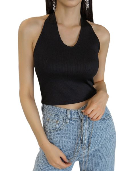 

dazy rib knit tie backless halter x4iv#, White