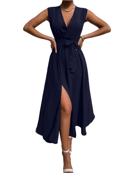 

surplice neck split thigh belted dress c0ol#, Black;gray