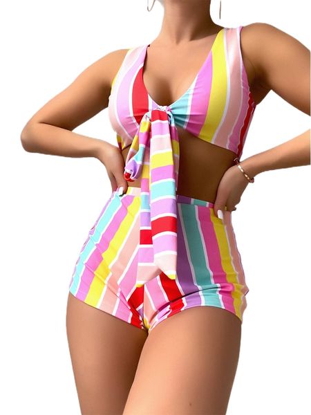 

striped knot front shorts bikini swimsuit c1fa#, White;black